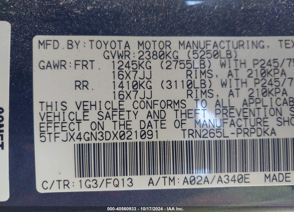 2013 TOYOTA TACOMA DOUBLE CAB VIN: 5TFJX4GN3DX021091