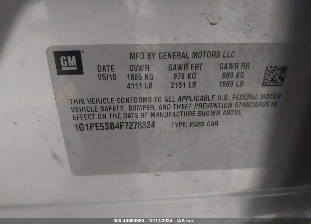 2015 CHEVROLET CRUZE 2LT AUTO VIN: 1G1PE5SB4F7278324