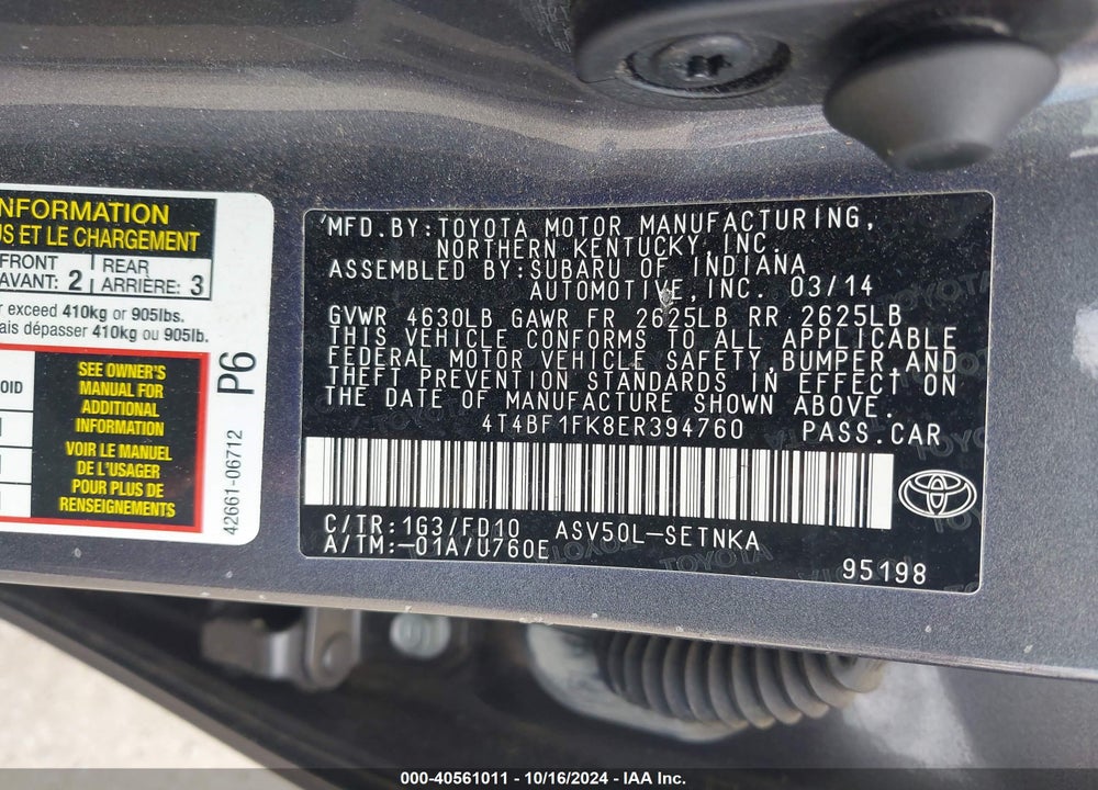 2014 TOYOTA CAMRY LE VIN: 4T4BF1FK8ER394760