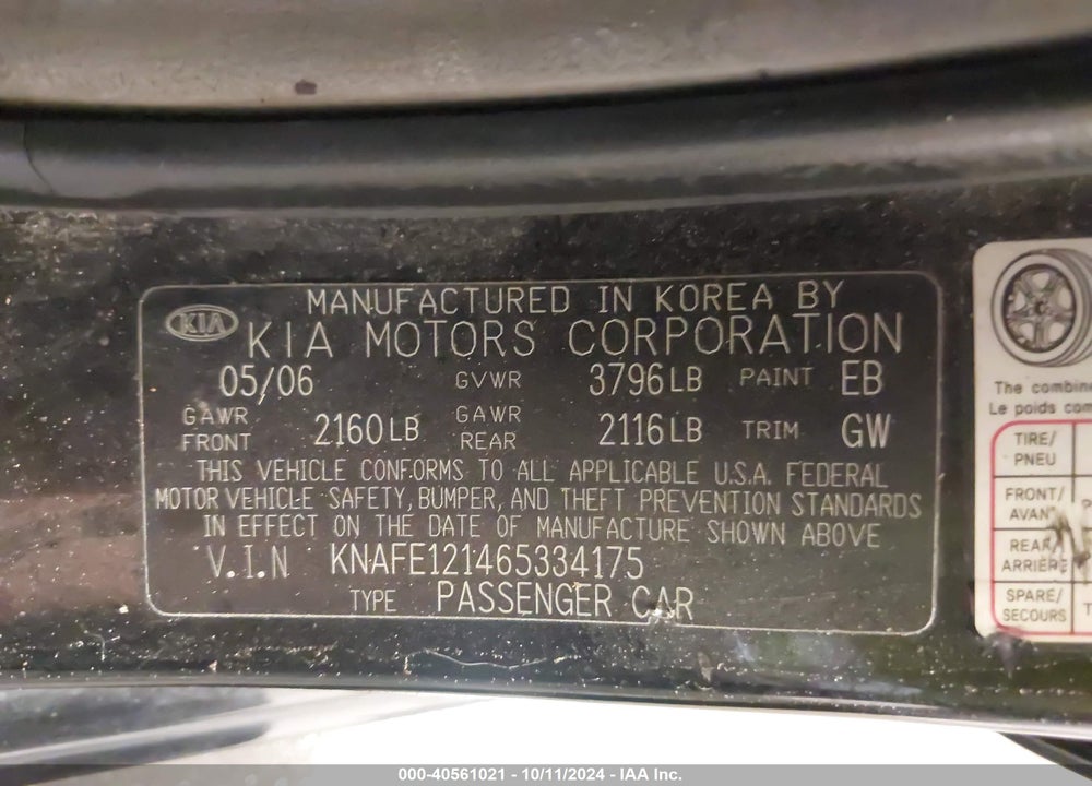 2006 KIA SPECTRA EX/LX/SX VIN: KNAFE121465334175