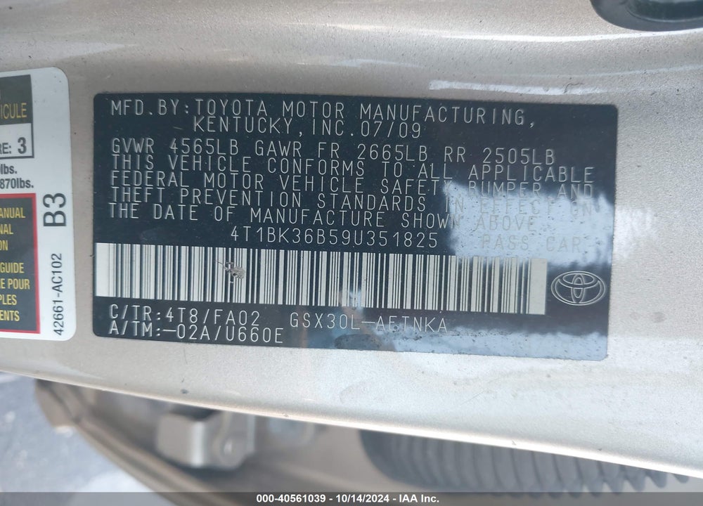 2009 TOYOTA AVALON XL VIN: 4T1BK36B59U351825