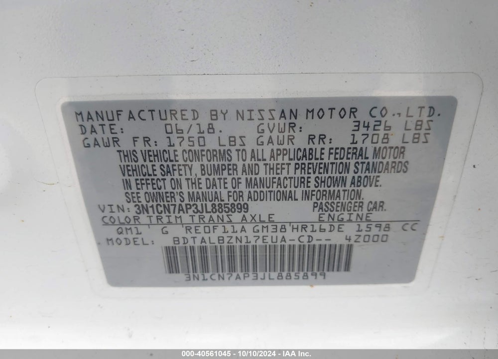 2018 NISSAN VERSA 1.6 SV VIN: 3N1CN7AP3JL885899