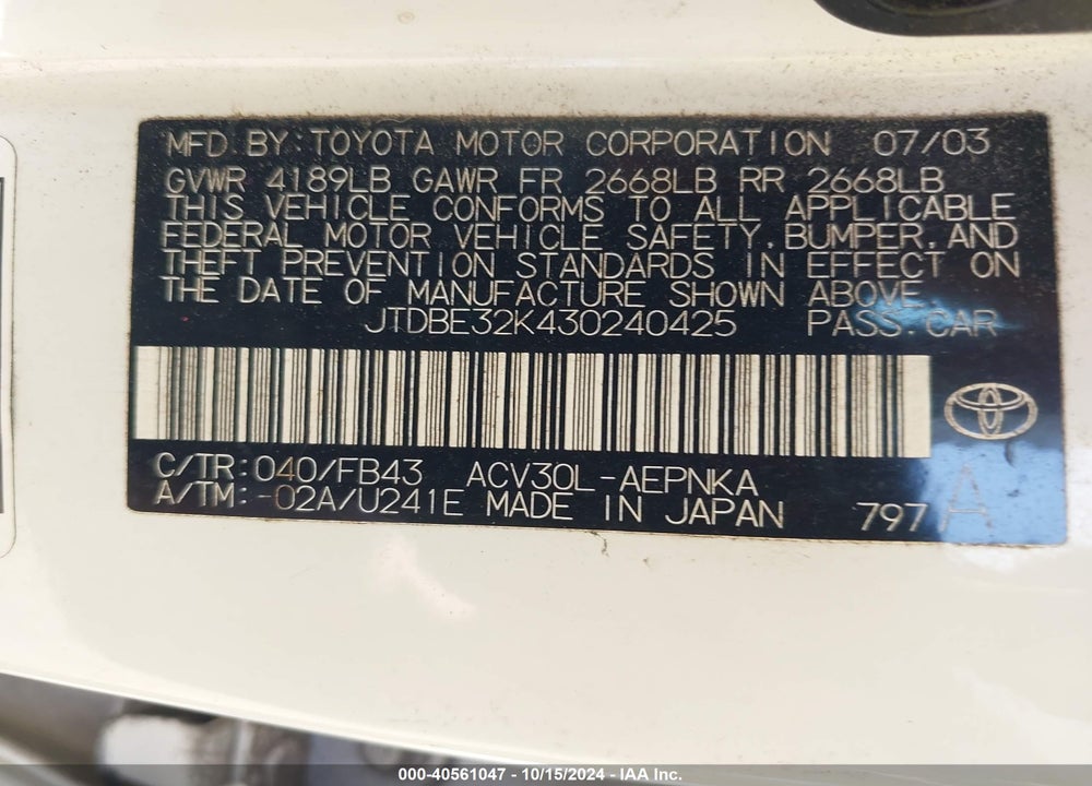 2003 TOYOTA CAMRY LE VIN: JTDBE32K430240425