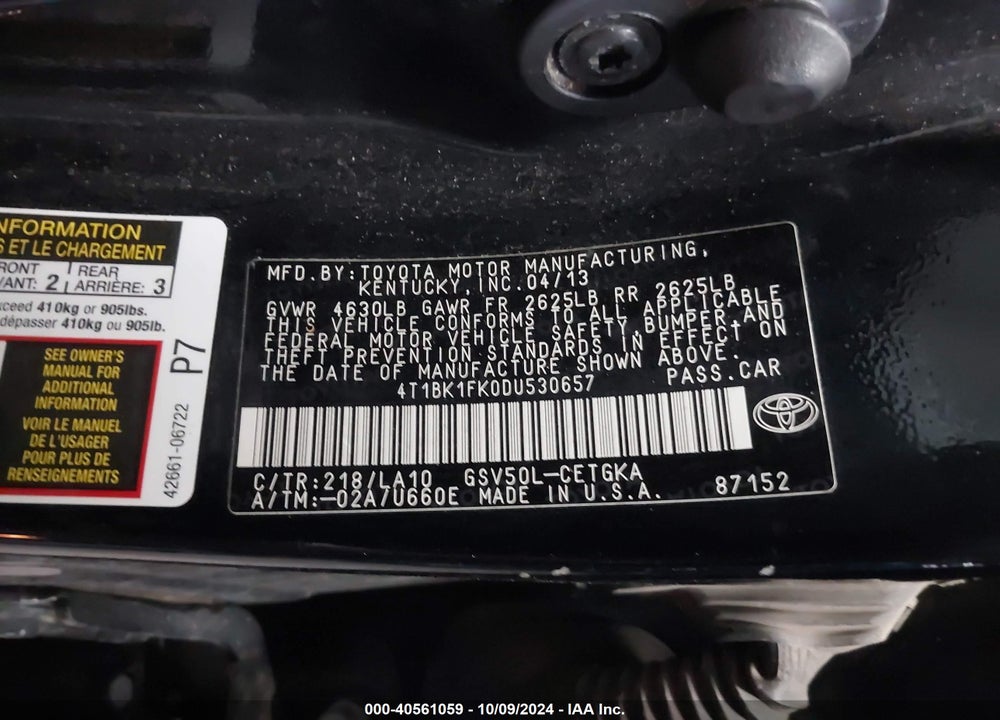 2013 TOYOTA CAMRY XLE V6 VIN: 4T1BK1FK0DU530657