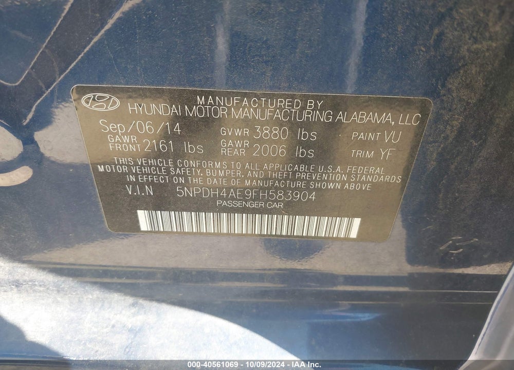 2015 HYUNDAI ELANTRA SE VIN: 5NPDH4AE9FH583904