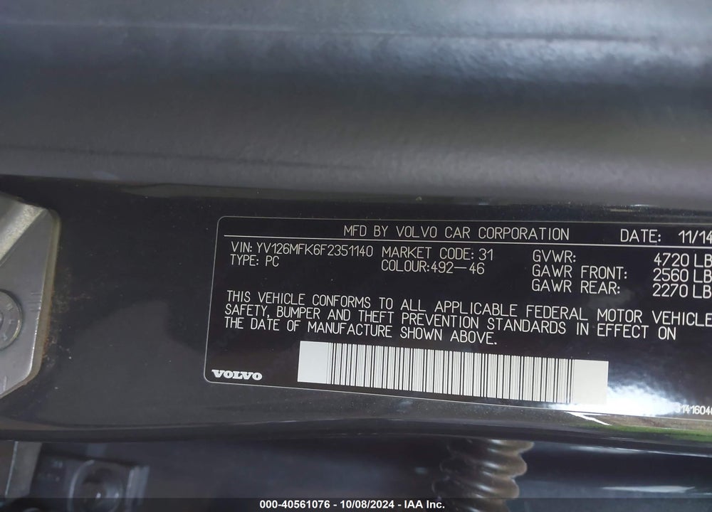 2015 VOLVO S60 T5 PREMIER VIN: YV126MFK6F2351140
