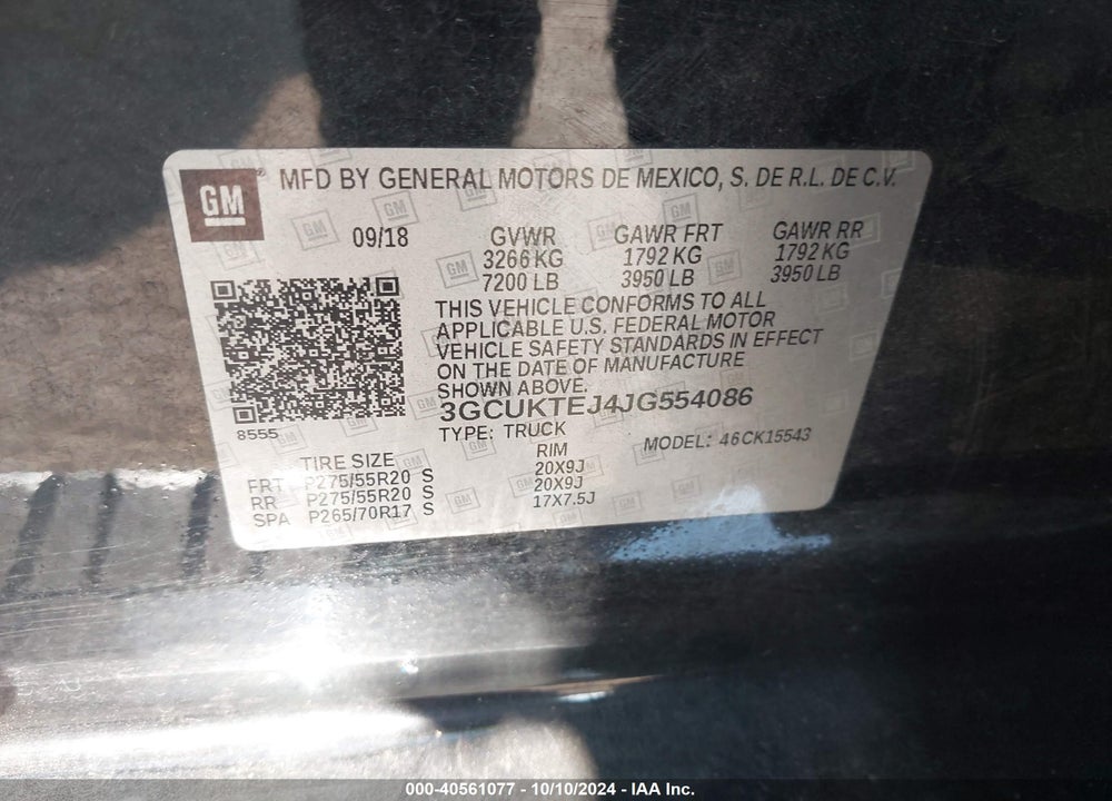 2018 CHEVROLET SILVERADO 1500 HIGH COUNTRY VIN: 3GCUKTEJ4JG554086