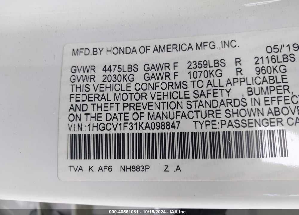 2019 HONDA ACCORD SPORT VIN: 1HGCV1F31KA098847