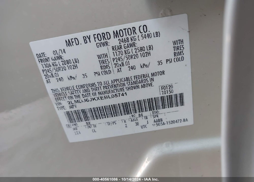 2014 LINCOLN MKX VIN: 2LMDJ6JKXEBL05741