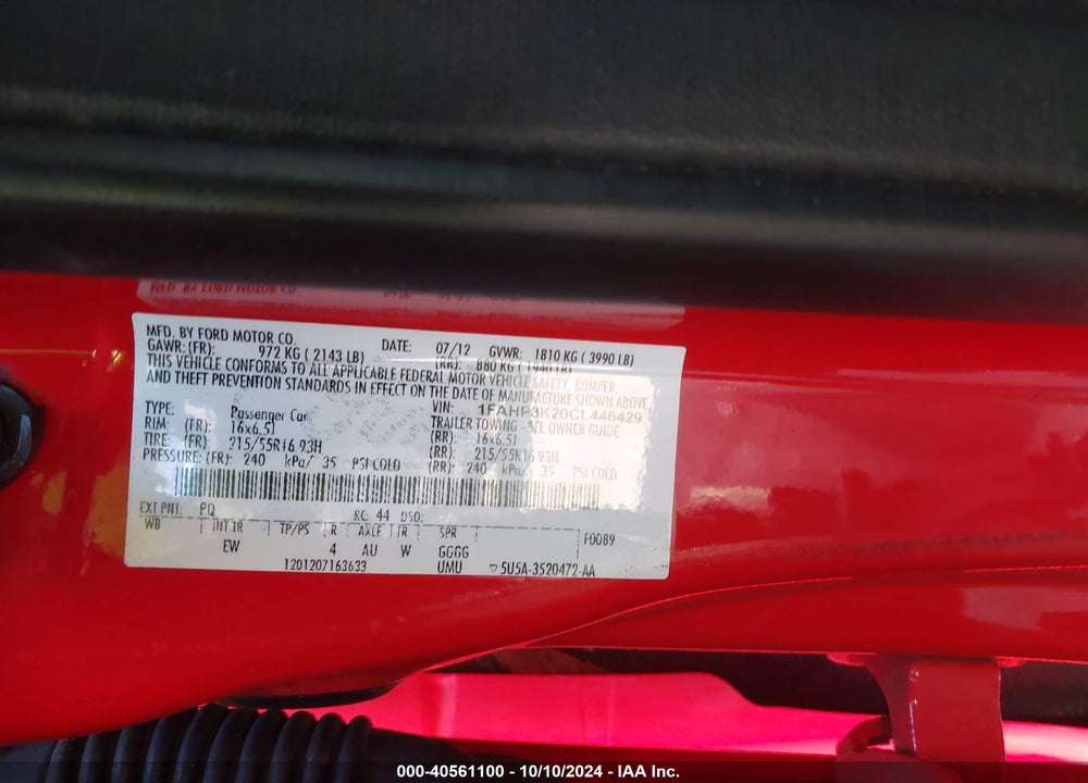 2012 FORD FOCUS SE VIN: 1FAHP3K20CL446429