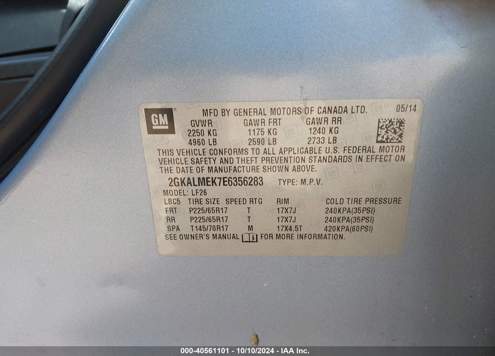 2014 GMC TERRAIN SLE-1 VIN: 2GKALMEK7E6356283