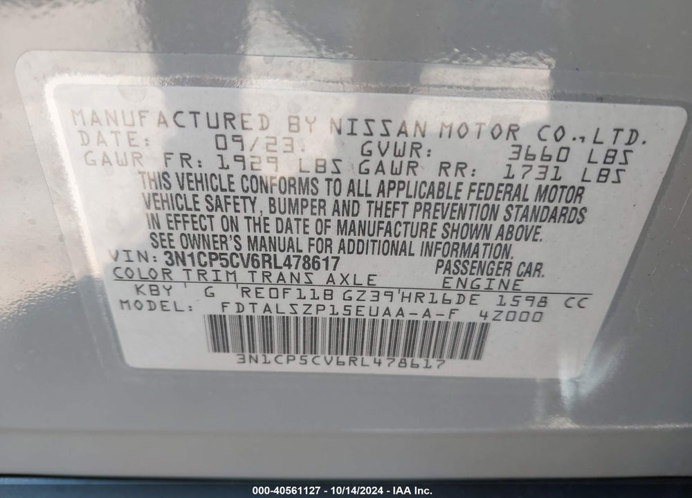 2024 NISSAN KICKS SV XTRONIC CVT VIN: 3N1CP5CV6RL478617