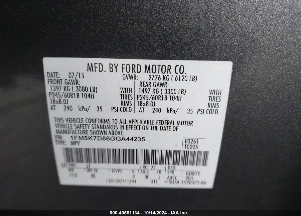 2016 FORD EXPLORER XLT VIN: 1FM5K7D86GGA44235
