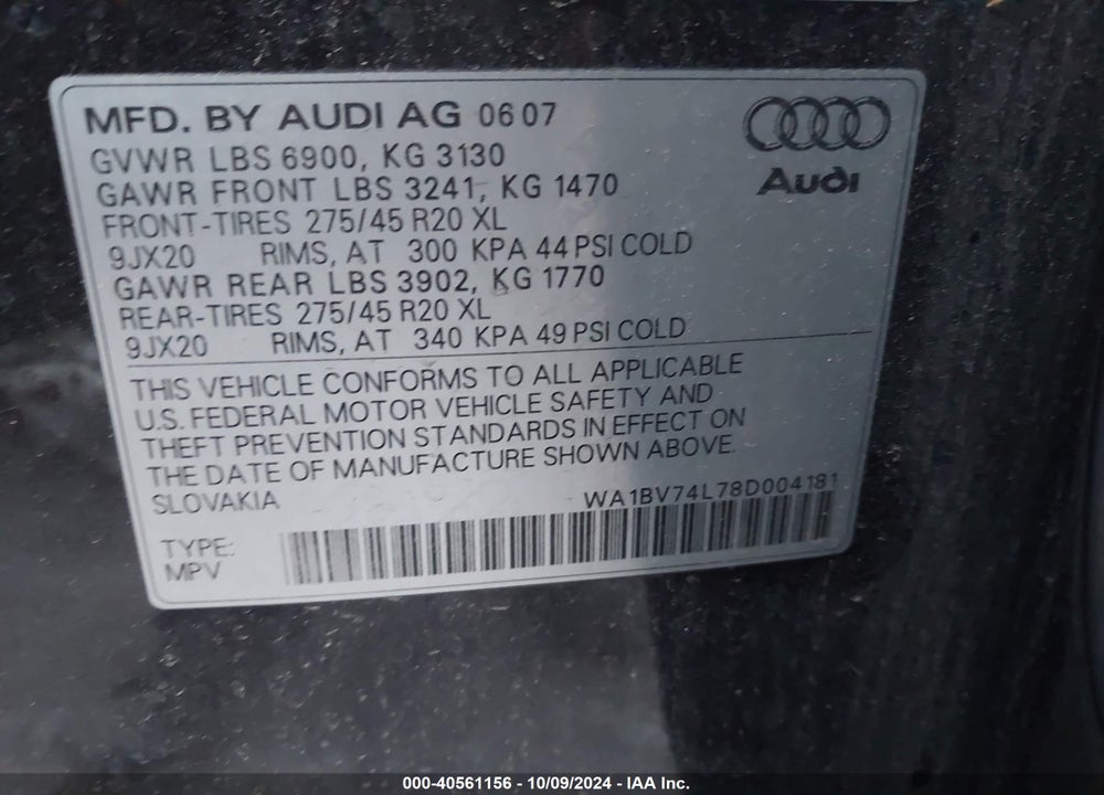 2008 AUDI Q7 4.2 PREMIUM VIN: WA1BV74L78D004181