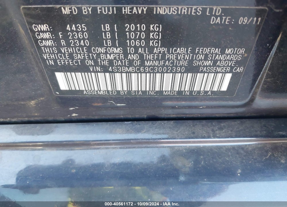 2012 SUBARU LEGACY 2.5I PREMIUM VIN: 4S3BMBC69C3002390