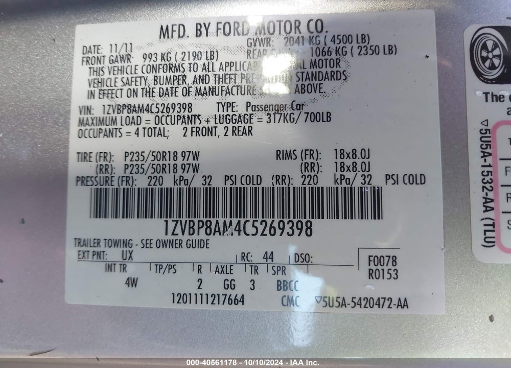 2012 FORD MUSTANG V6 PREMIUM VIN: 1ZVBP8AM4C5269398
