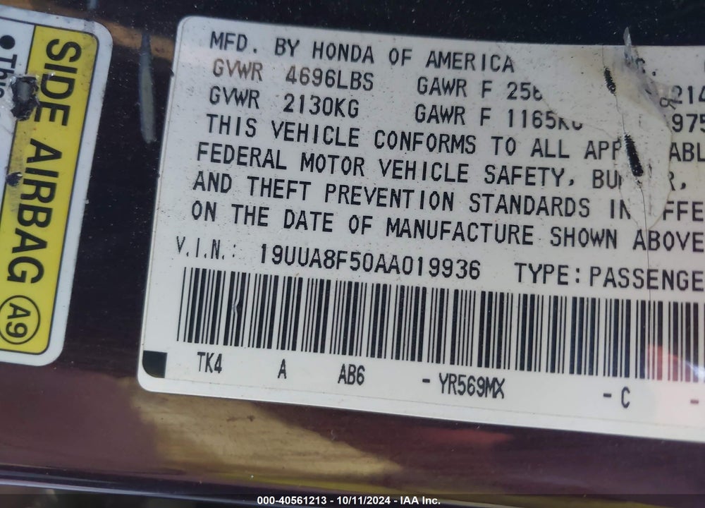 2010 ACURA TL 3.5 VIN: 19UUA8F50AA019936