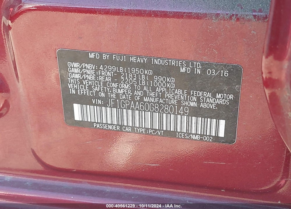 2016 SUBARU IMPREZA VIN: JF1GPAA60G8280149