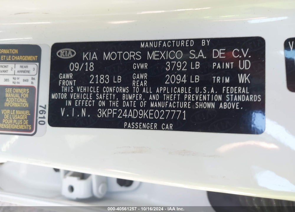 2019 KIA FORTE LXS VIN: 3KPF24AD9KE027771