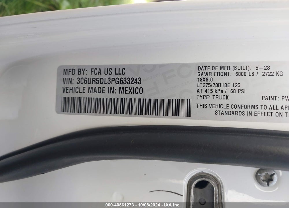 2023 RAM 2500 BIG HORN VIN: 3C6UR5DL3PG633243