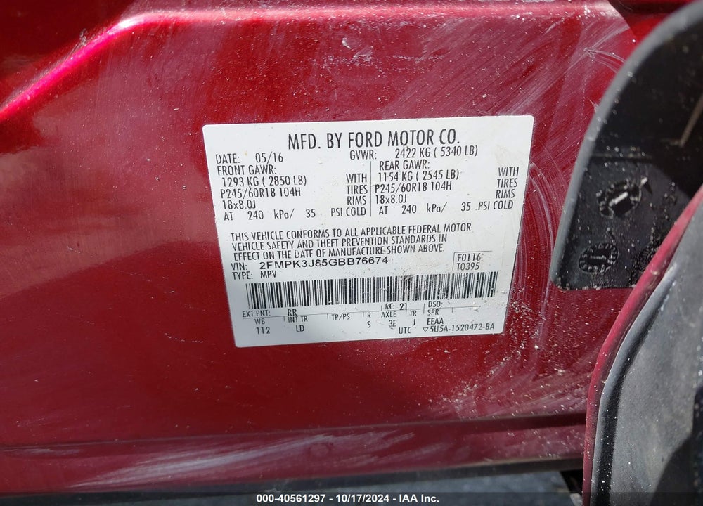 2016 FORD EDGE SEL VIN: 2FMPK3J85GBB76674