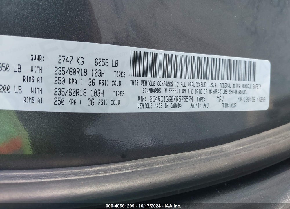2019 CHRYSLER PACIFICA LIMITED VIN: 2C4RC1GG6KR575574