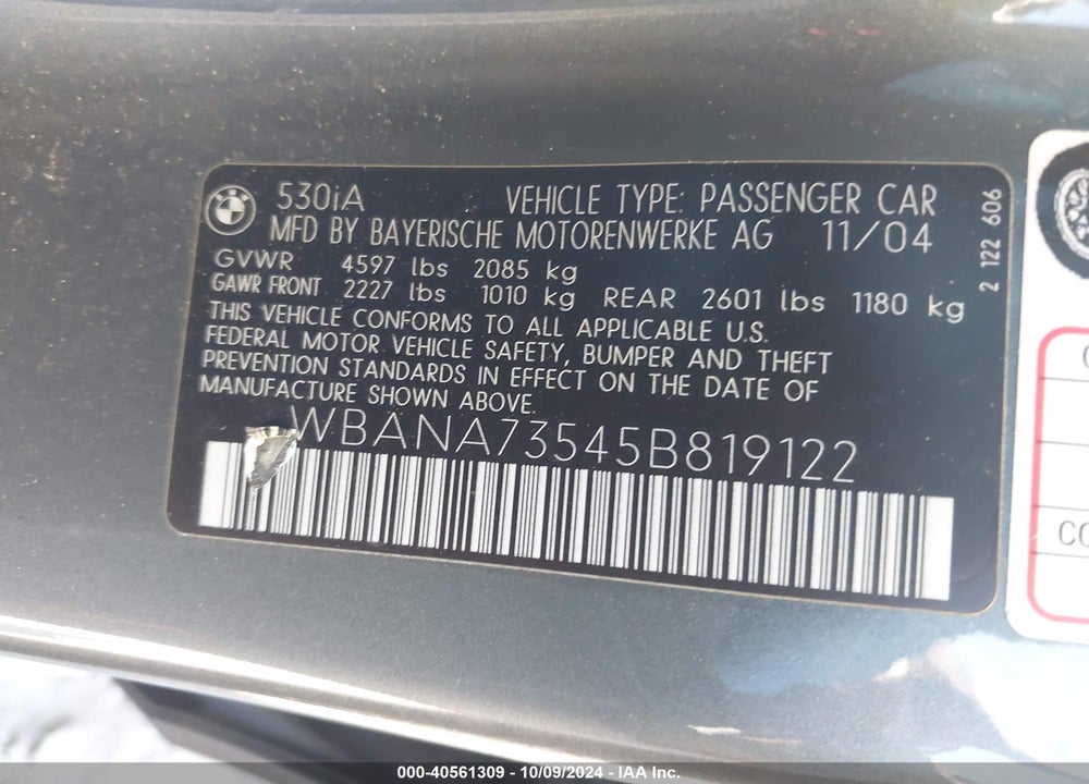 2005 BMW 530I VIN: WBANA73545B819122