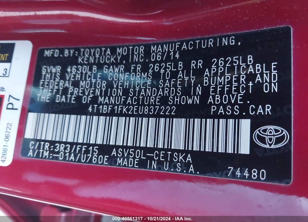 2014 TOYOTA CAMRY SE VIN: 4T1BF1FK2EU837222