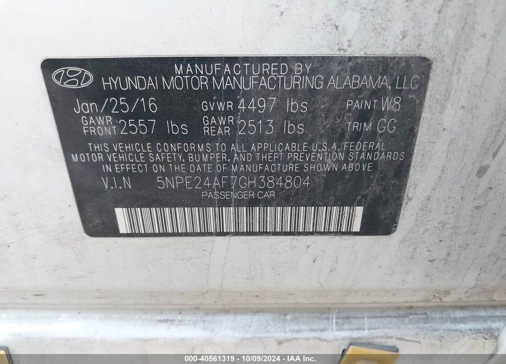 2016 HYUNDAI SONATA SE VIN: 5NPE24AF7GH384804