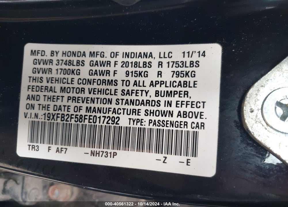 2015 HONDA CIVIC LX VIN: 19XFB2F58FE017292