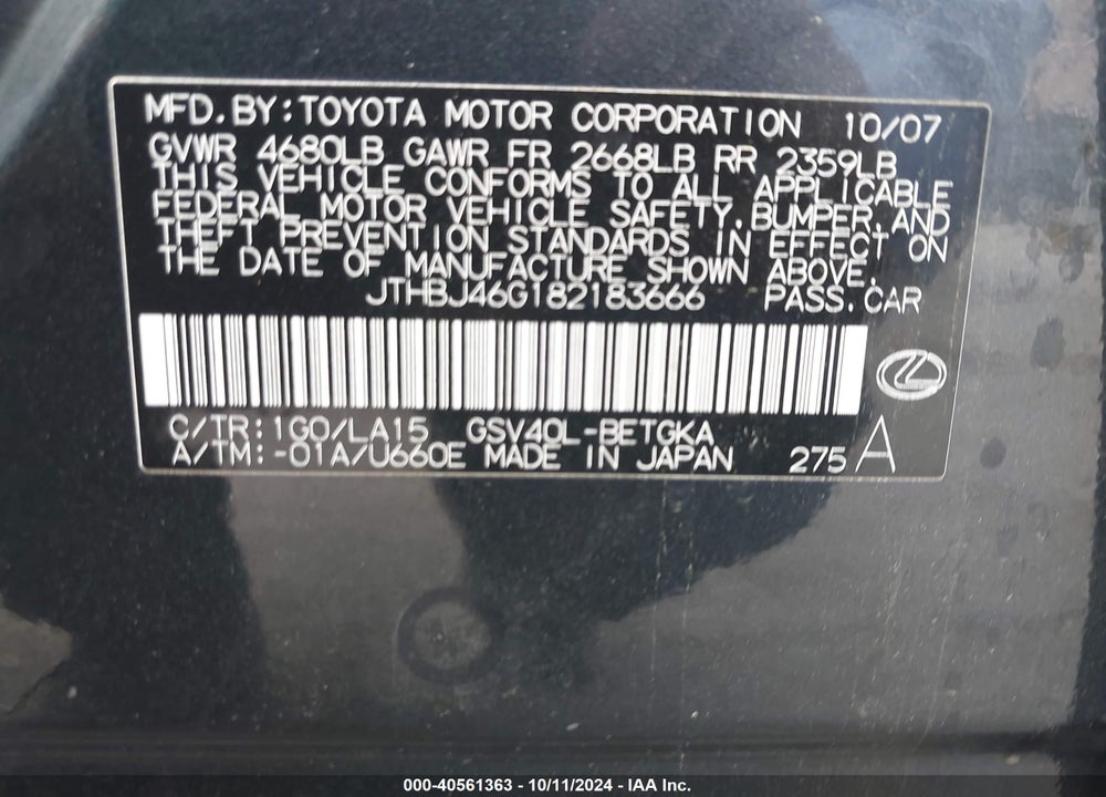 2008 LEXUS ES VIN: JTHBJ46G182183666