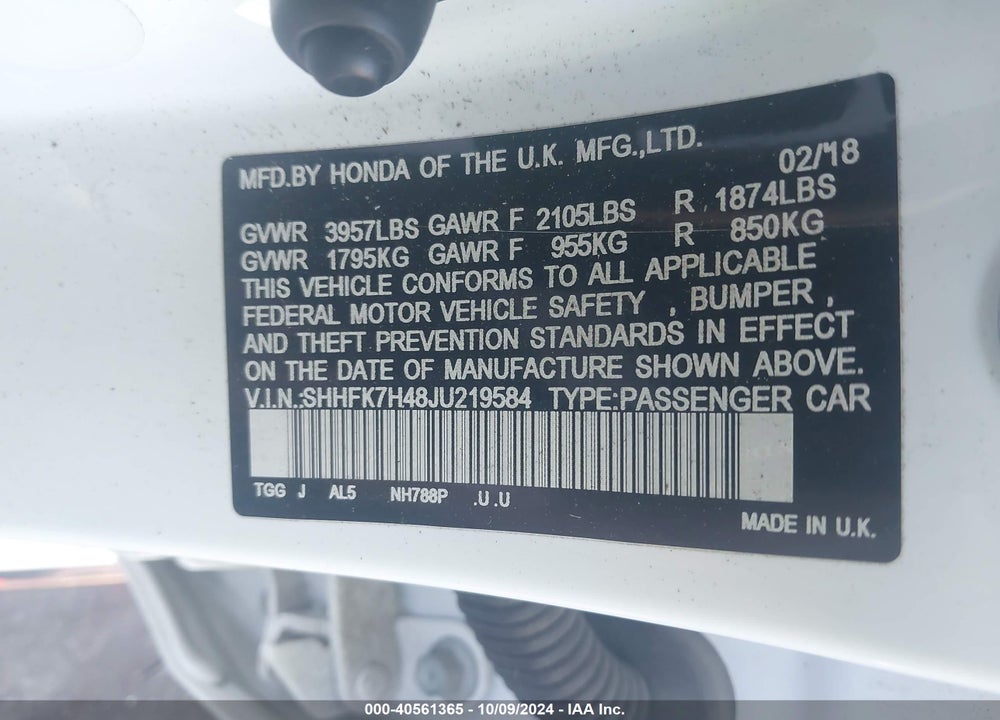 2018 HONDA CIVIC SPORT VIN: SHHFK7H48JU219584