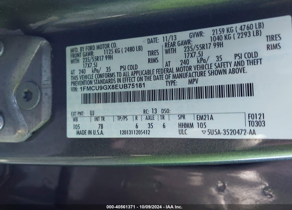 2014 FORD ESCAPE SE VIN: 1FMCU9GX8EUB75181