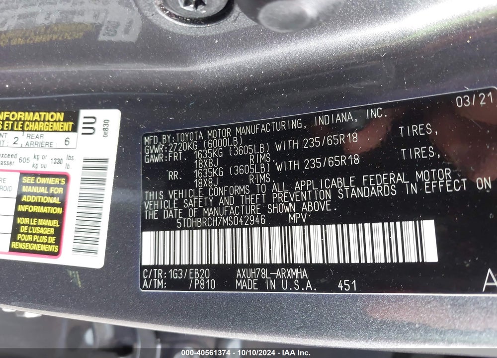 2021 TOYOTA HIGHLANDER HYBRID XLE VIN: 5TDHBRCH7MS042946