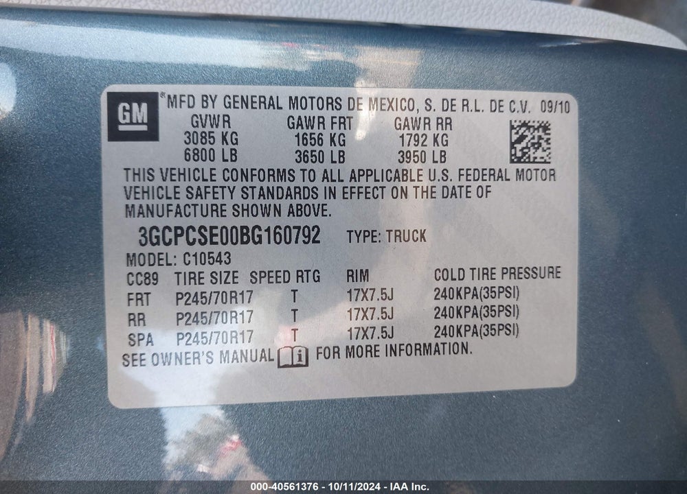 2011 CHEVROLET SILVERADO 1500 VIN: 3GCPCSE00BG160792