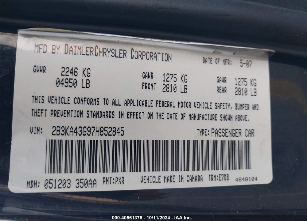 2007 DODGE CHARGER VIN: 2B3KA43G97H852845