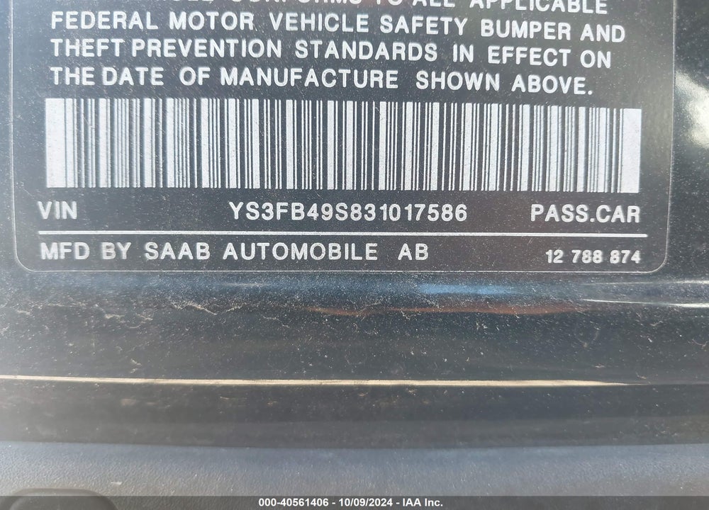 2003 SAAB 9-3 LINEAR VIN: YS3FB49S831017586