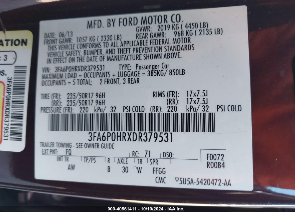 2013 FORD FUSION SE VIN: 3FA6P0HRXDR379531