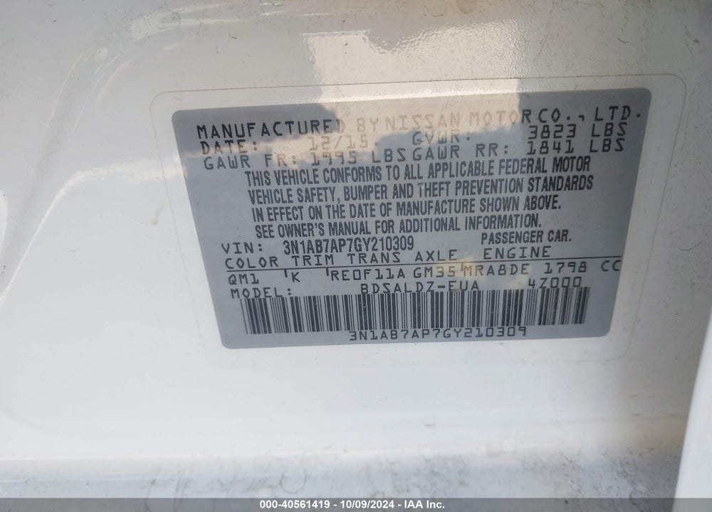 2016 NISSAN SENTRA FE+ S/S/SL/SR/SV VIN: 3N1AB7AP7GY210309