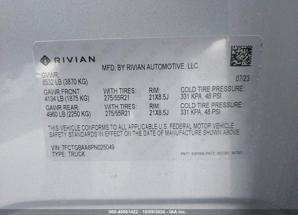 2023 RIVIAN R1T ADVENTURE/ADVENTURE DUAL MOTOR LARGE PACK/ADVENTURE DUAL MOTOR MAX PACK VIN: 7FCTGBAA6PN025049