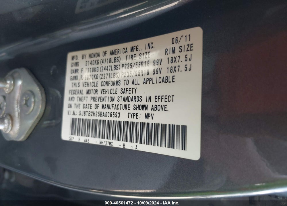 2011 ACURA RDX VIN: 5J8TB2H25BA006593
