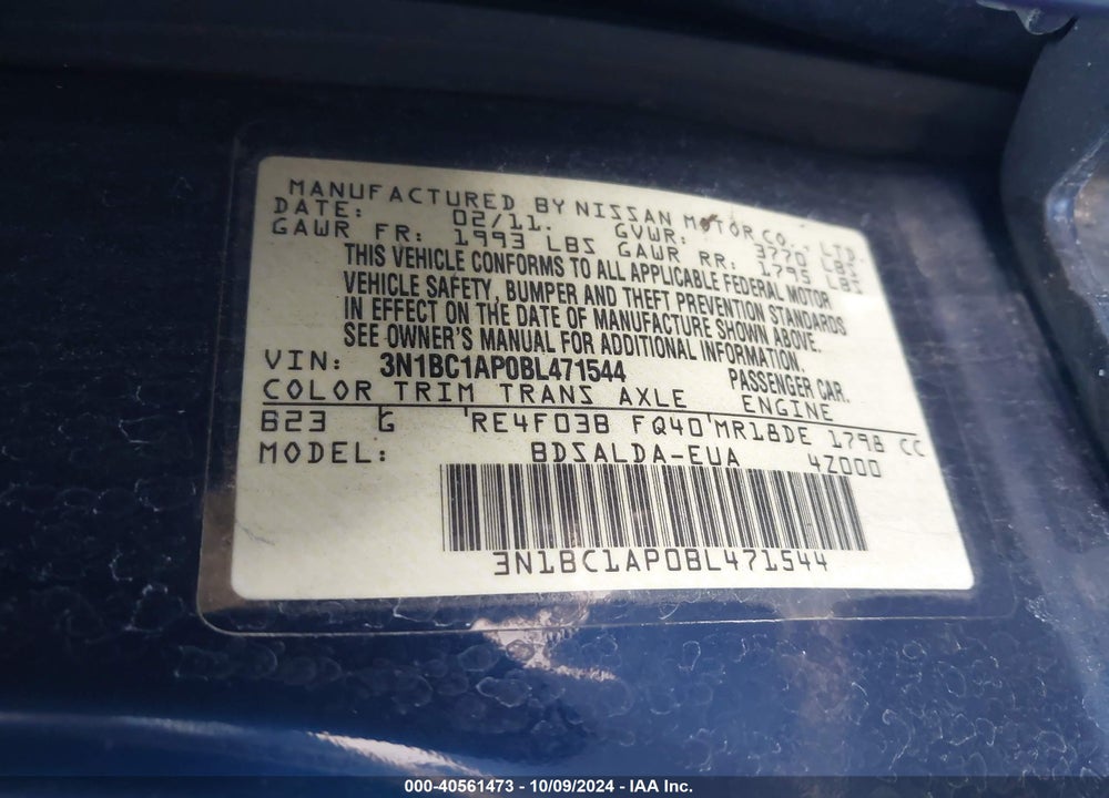 2011 NISSAN VERSA 1.8S VIN: 3N1BC1AP0BL471544
