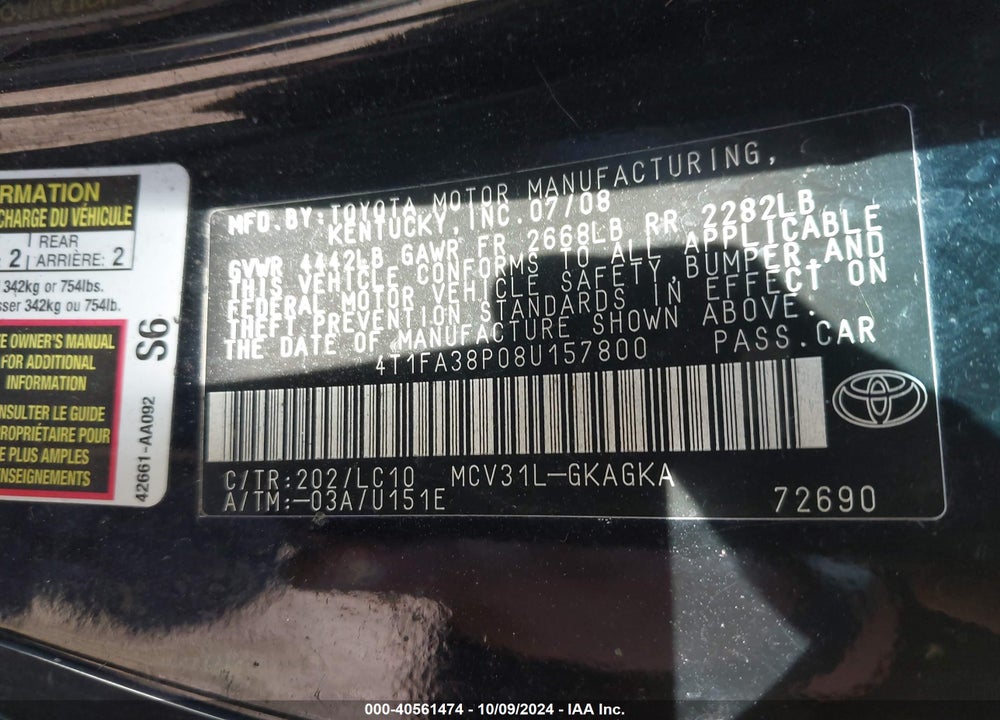 2008 TOYOTA CAMRY SOLARA SLE VIN: 4T1FA38P08U157800
