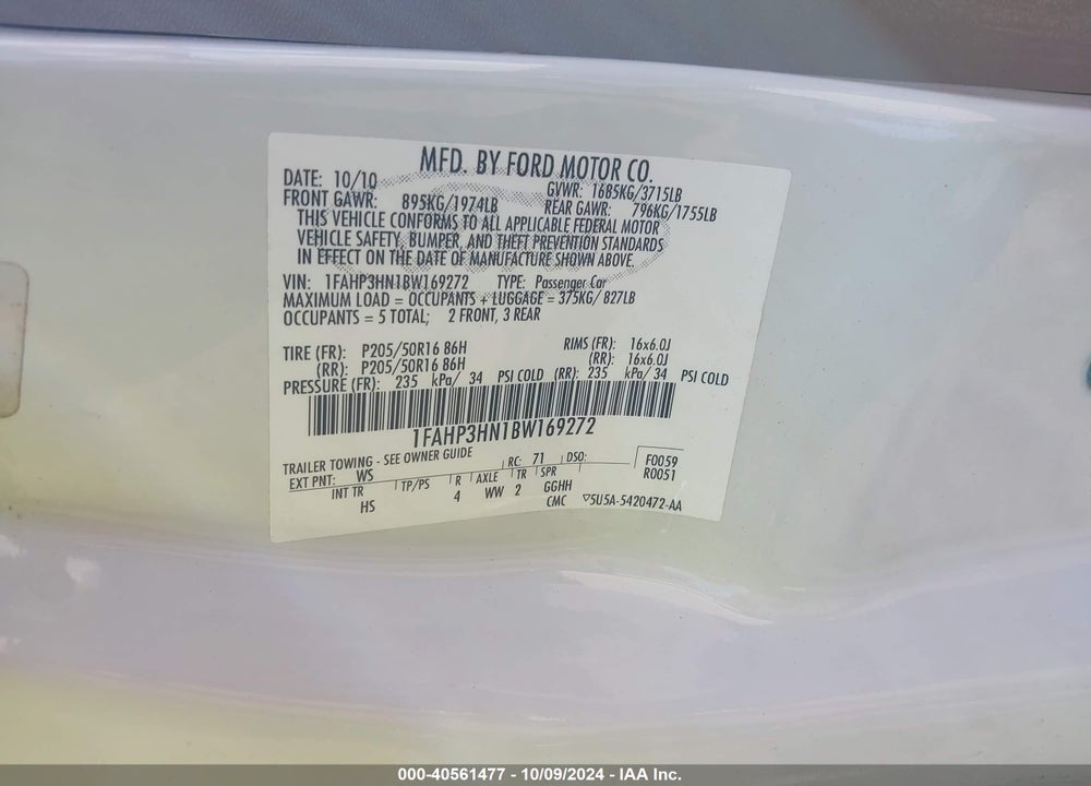 2011 FORD FOCUS SEL VIN: 1FAHP3HN1BW169272