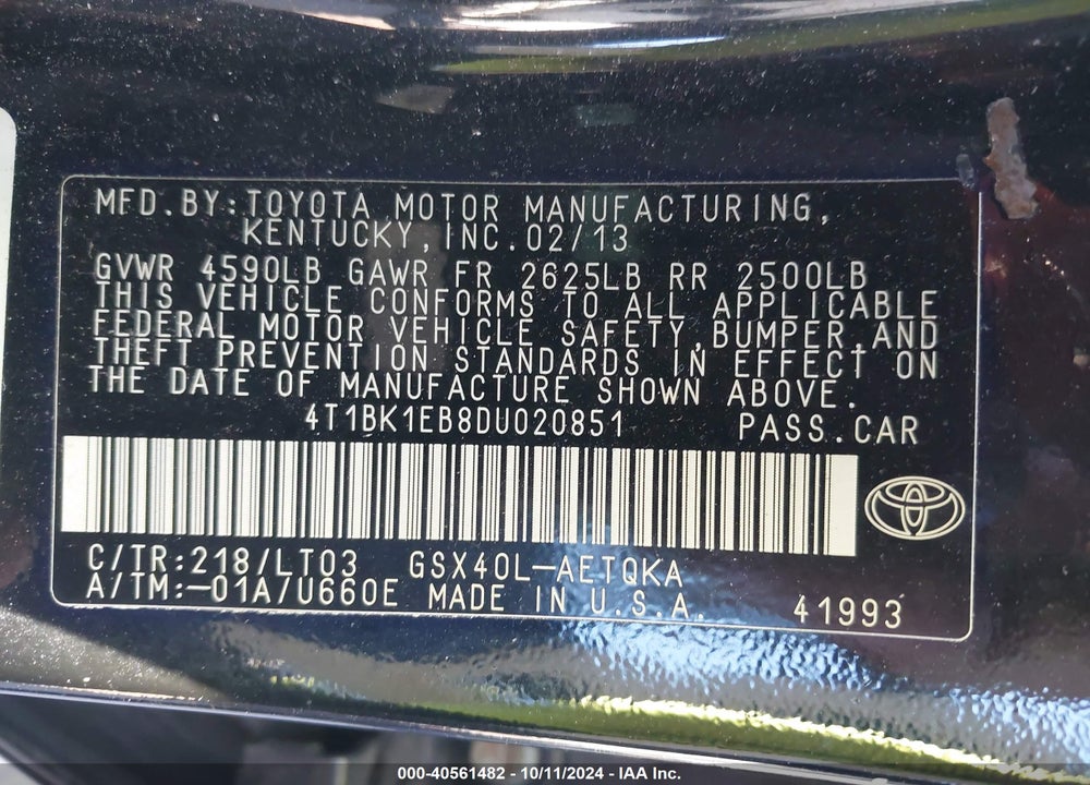 2013 TOYOTA AVALON XLE TOURING VIN: 4T1BK1EB8DU020851
