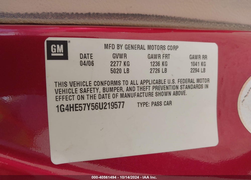 2006 BUICK LUCERNE CXS VIN: 1G4HE57Y56U219577