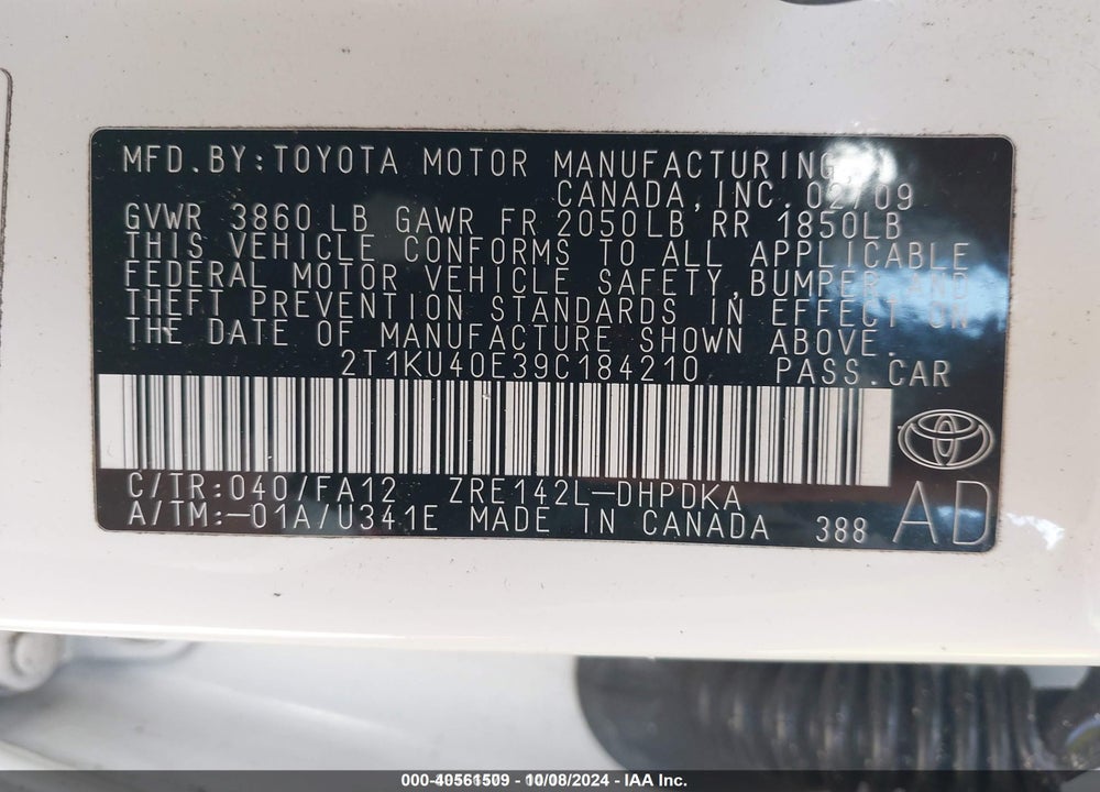 2009 TOYOTA MATRIX VIN: 2T1KU40E39C184210