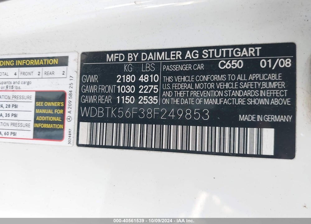 2008 MERCEDES-BENZ CLK 350 VIN: WDBTK56F38F249853