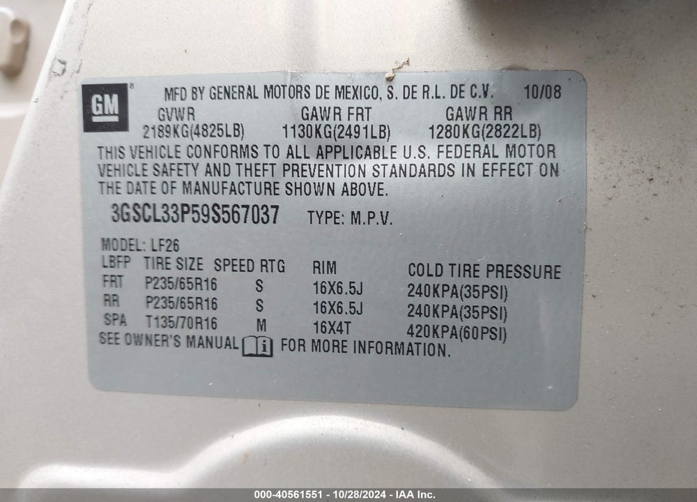 2009 SATURN VUE 4-CYL XE VIN: 3GSCL33P59S567037