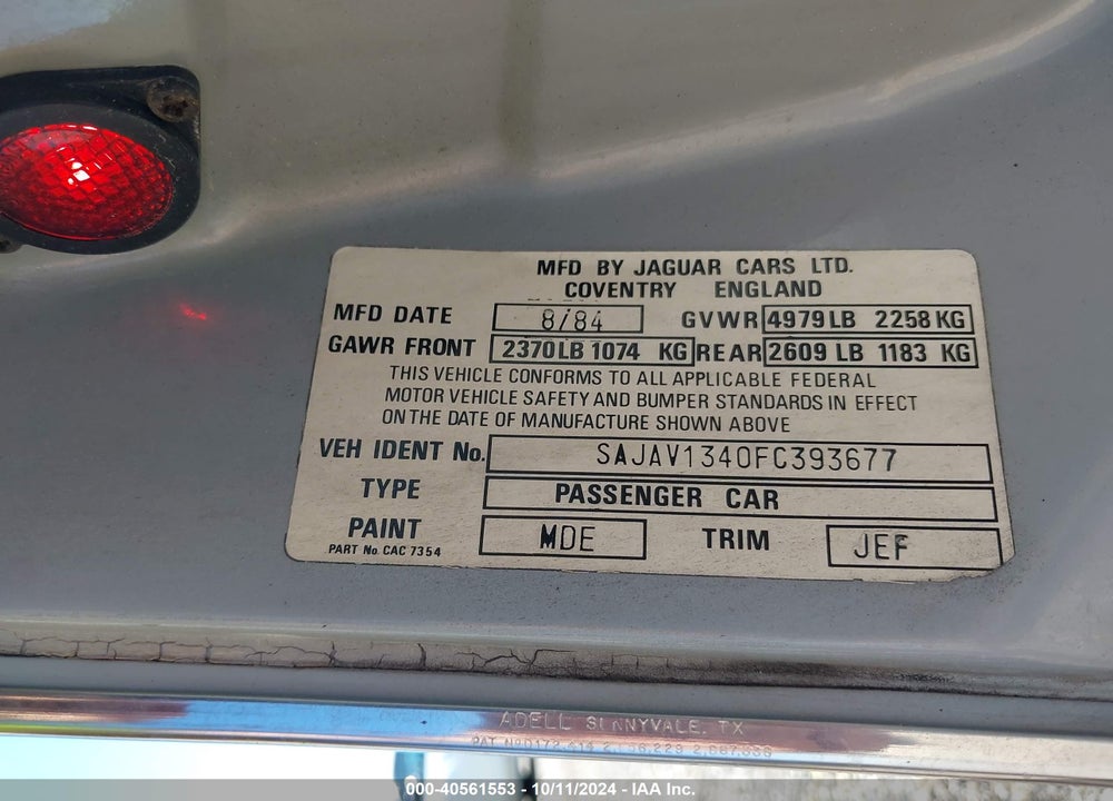 1985 JAGUAR XJ6 VIN: SAJAV134OFC393677